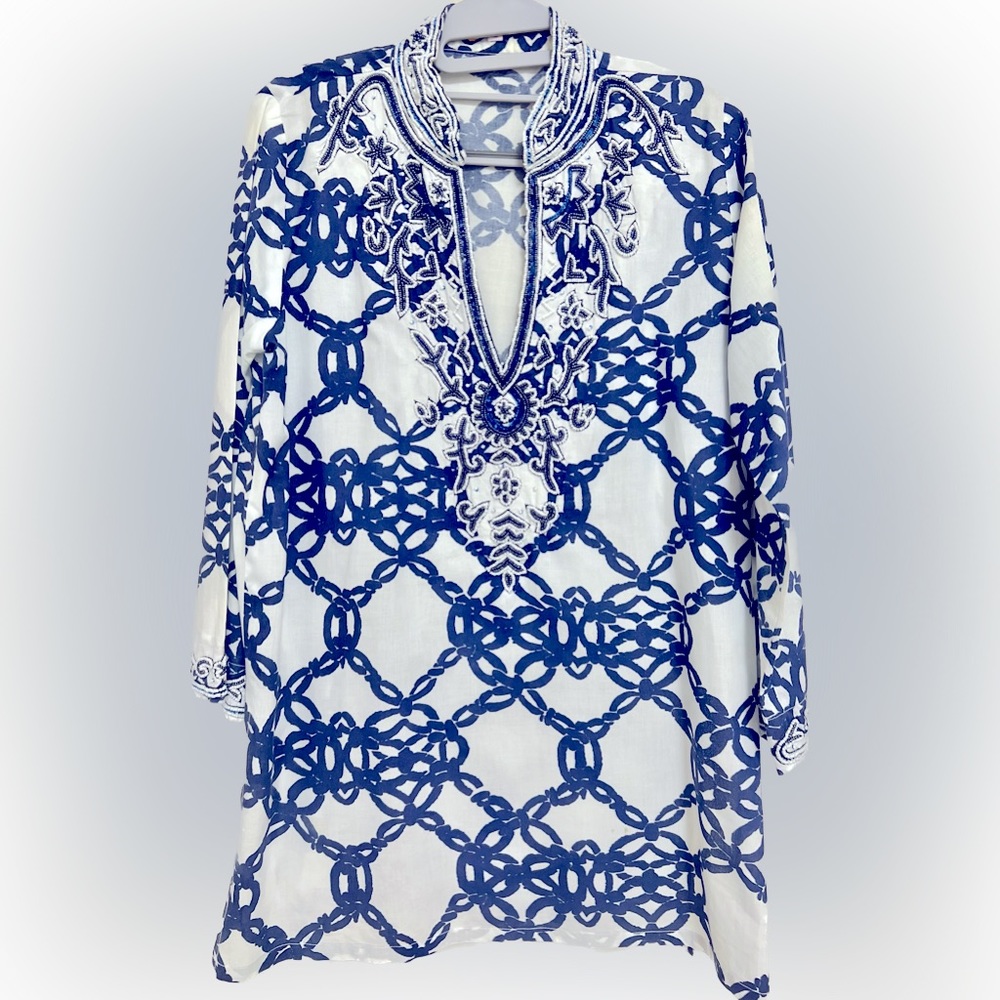 Barbara Gerwit Heavily Embellished Long Sleeve V-Neck Collared Cotton Tunic